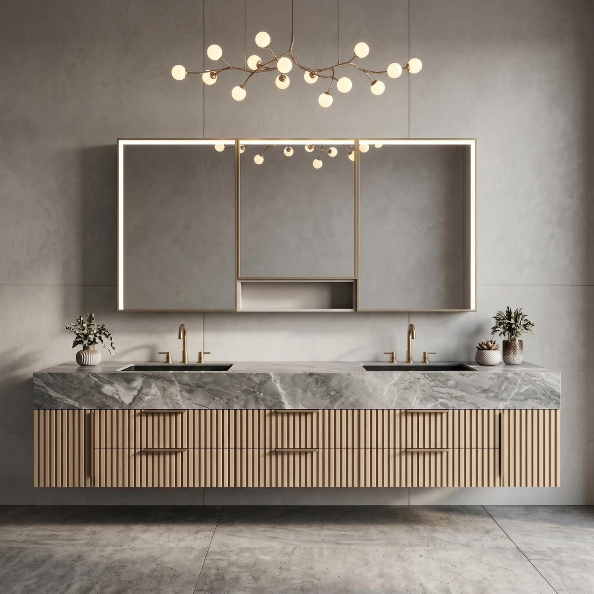 60''-96'' Double Bathroom Vanity with Sink Modern Floating Grey Marble Look Slatted Panel