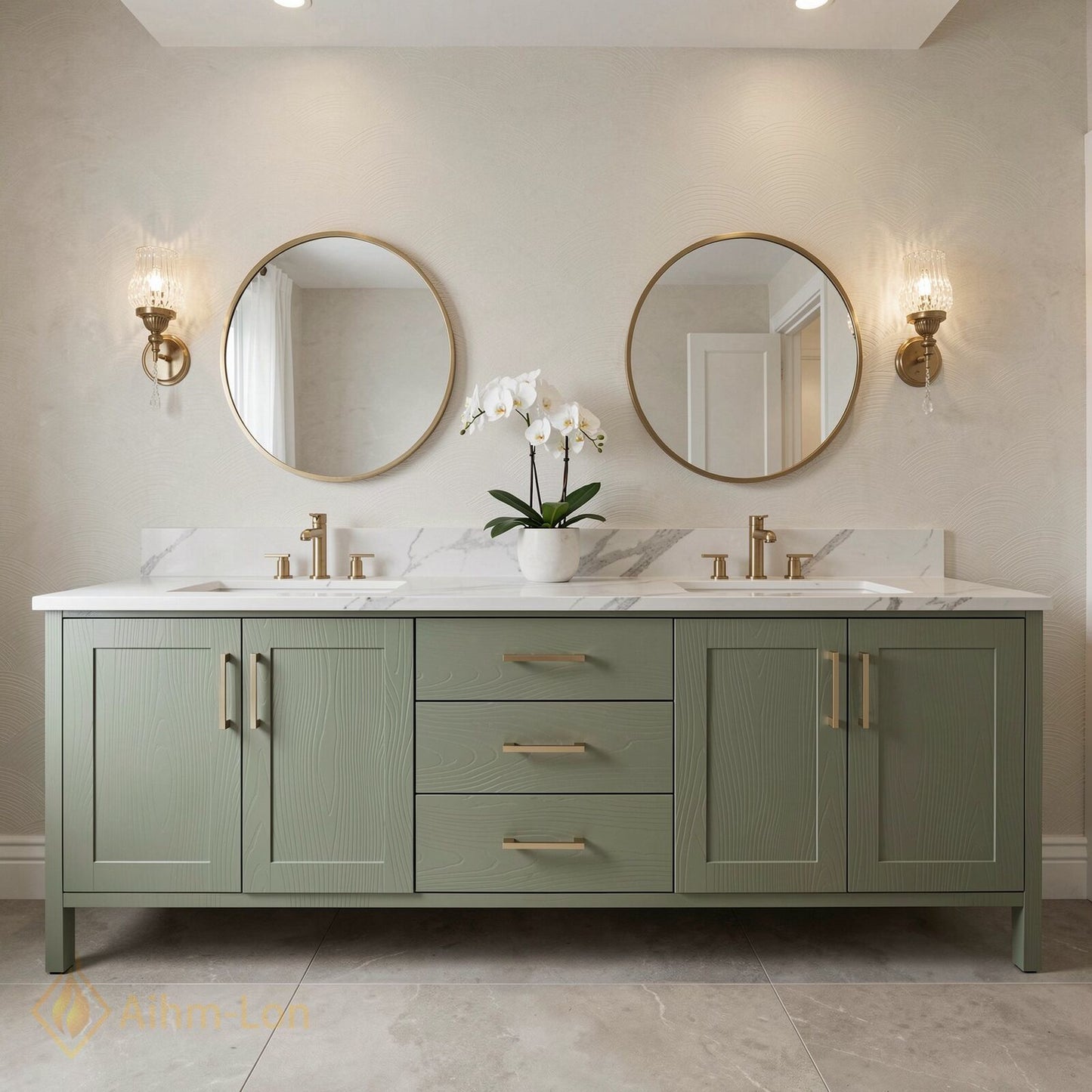 70''-96'' Modern Bathroom Vanity with Sink Wood Grain Shaker Marble Gold Drawers