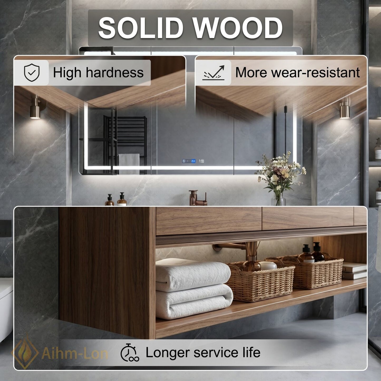 36''-64'' Modern Bathroom Vanity with Sink White Marble Floating Smart Digital Mirror