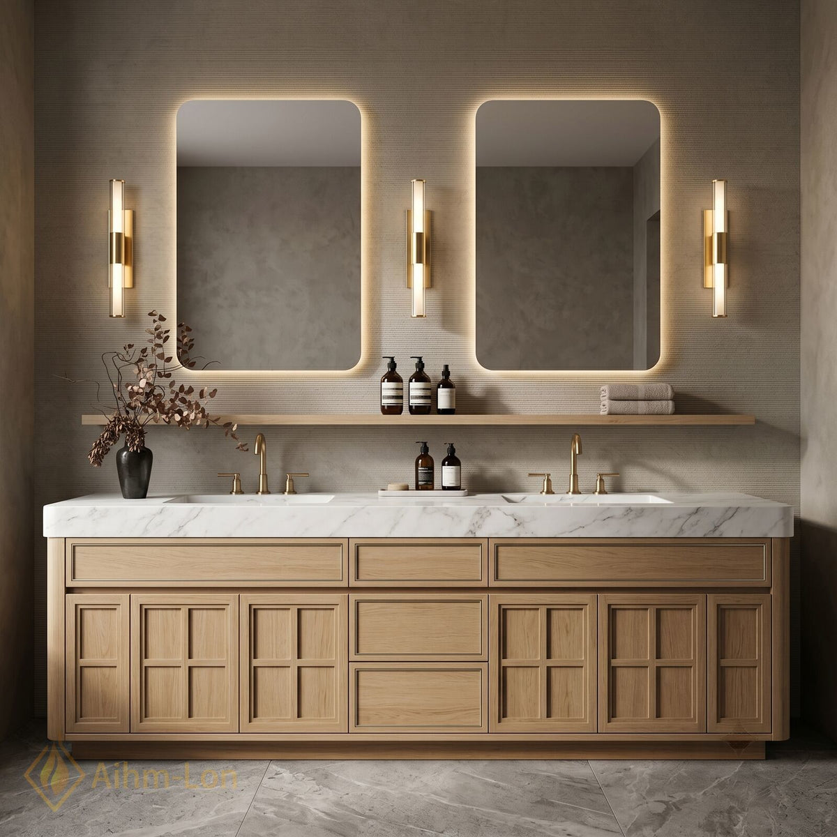 78''-96'' Double Bathroom Vanity with Sink Warm Oak Veneer Spacious Drawers