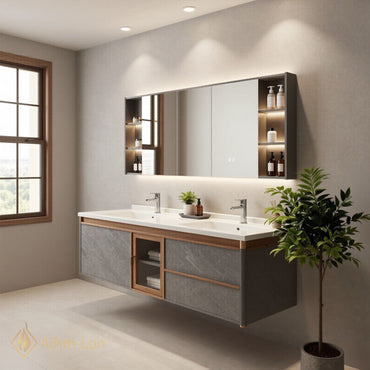 60''-96'' Double Bathroom Vanity with Sink Grey Marble Patterned Natural Wood Grains Cabinet