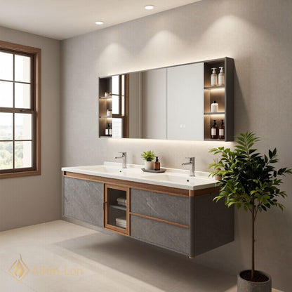 60''-96'' Double Bathroom Vanity with Sink Grey Marble Patterned Natural Wood Grains Cabinet