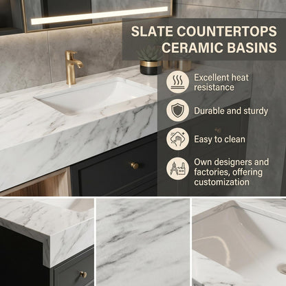 60''-96'' Double Bathroom Vanity with Sink Modern Floating Marble Top Open Wood Shelving