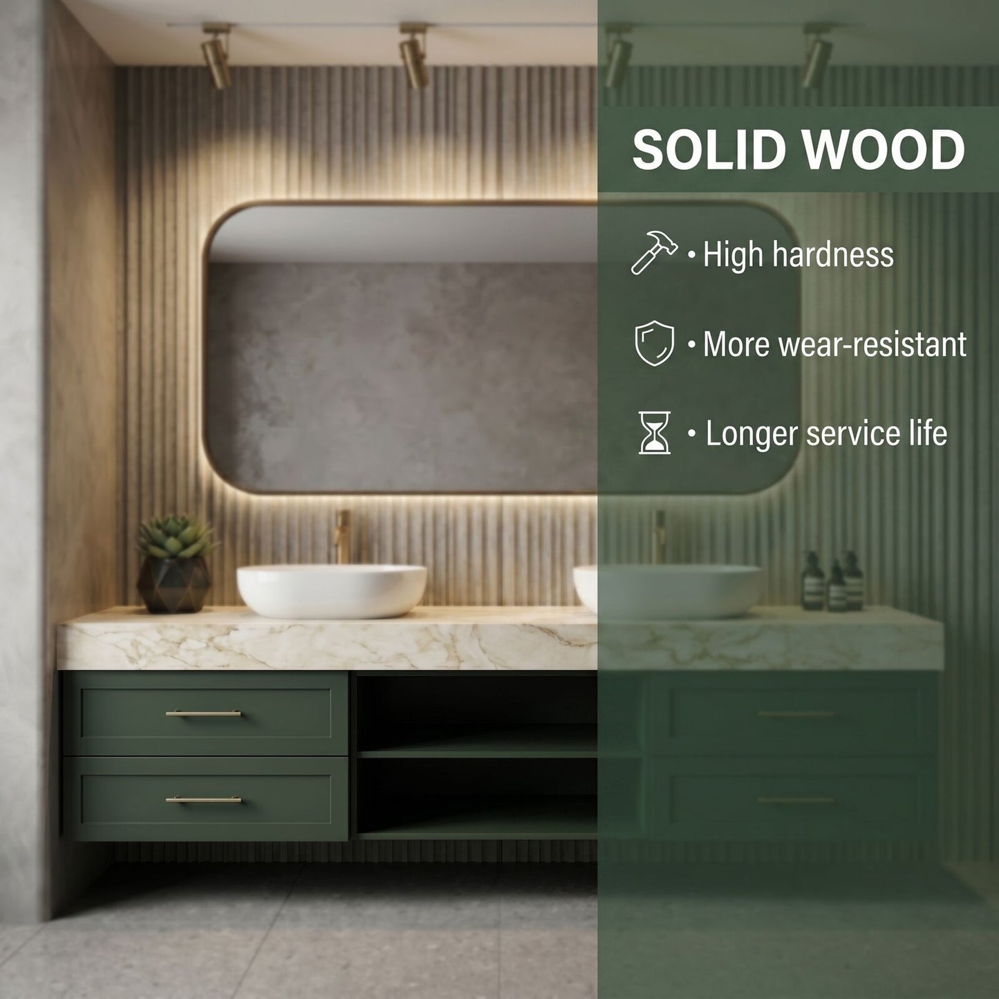60''-96'' Modern Bathroom Vanity with Sink Double Sink Deep Green Marble Open Shelves