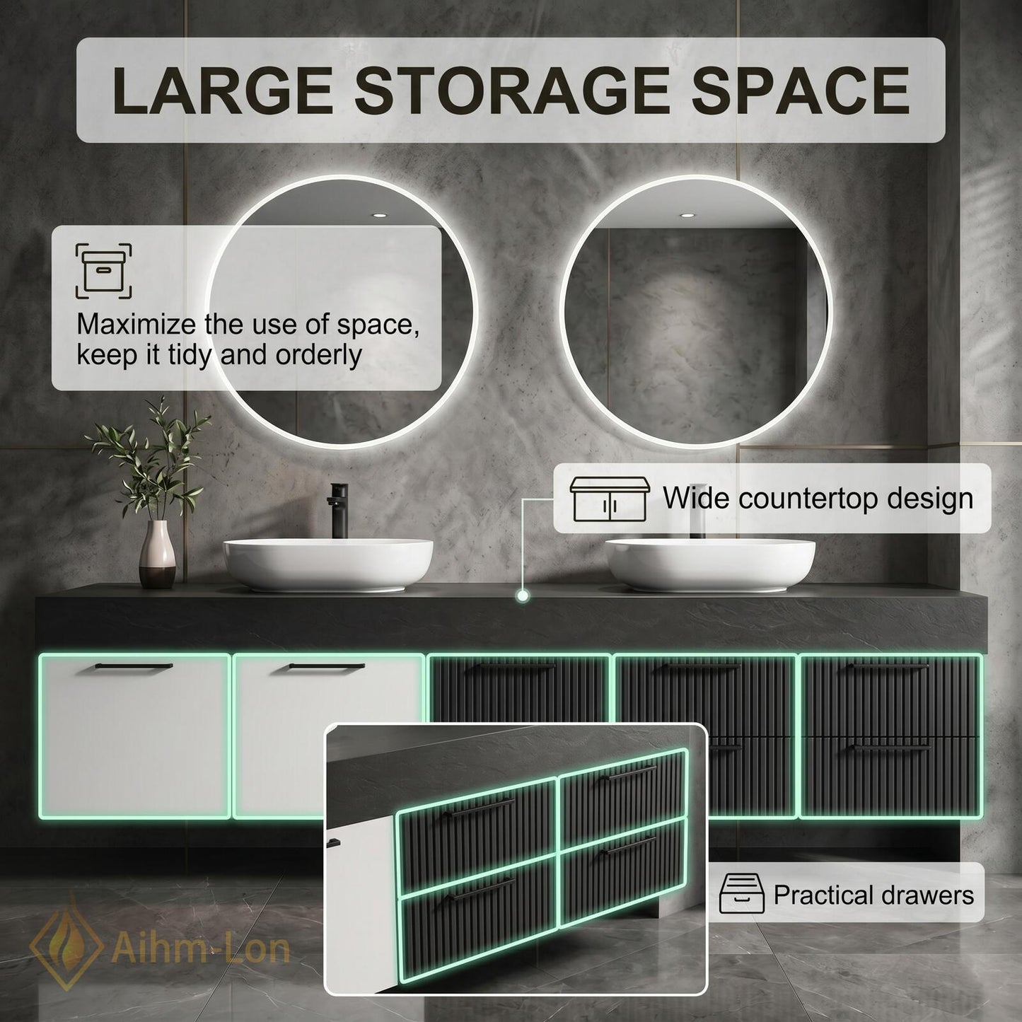 76''-96'' Double Bathroom Vanity with Sink Modern Floating Drawers Storage Dual Tone