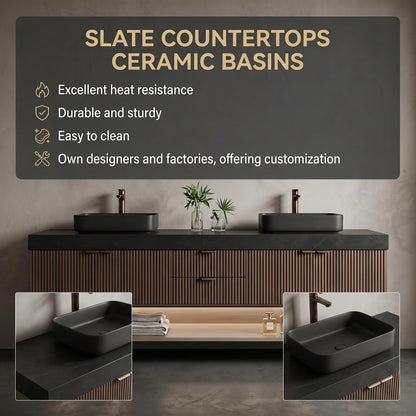 60''-96'' Floating Bathroom Vanity with Sink Double Sink Slatted Front Panel Bottom Cabinet