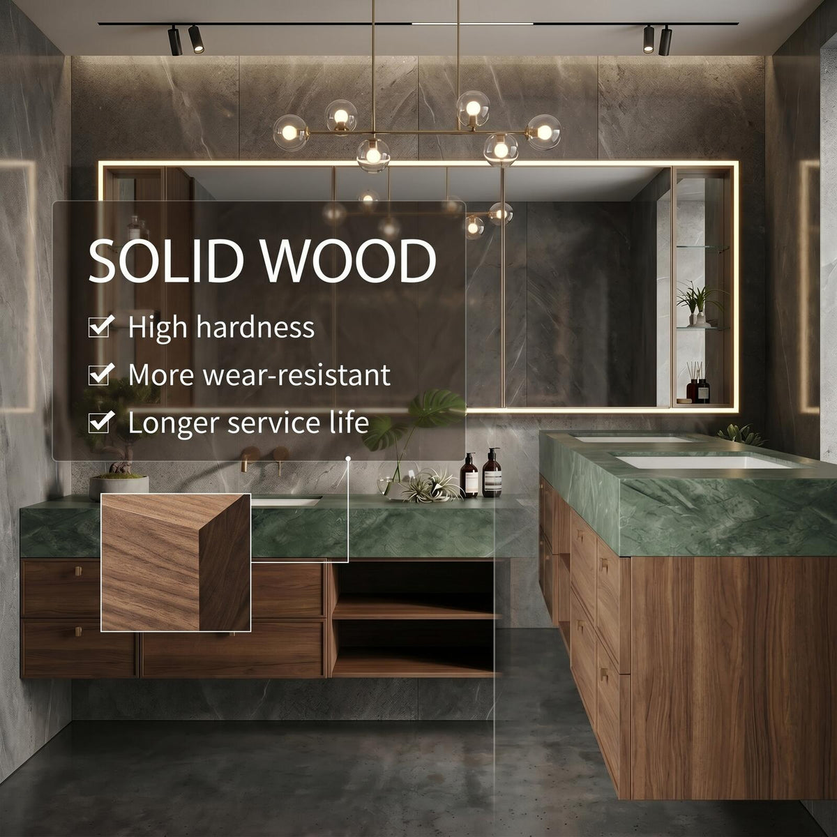60''-96'' Double Bathroom Vanity with Sink Modern Floating Green Marble Wide Drawers
