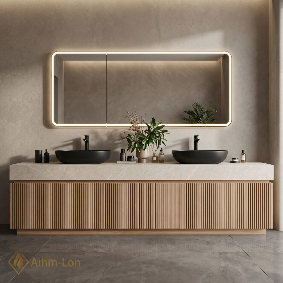 60''-96'' Double Bathroom Vanity with Sink Light Wood Finish Marble Top Contemporary