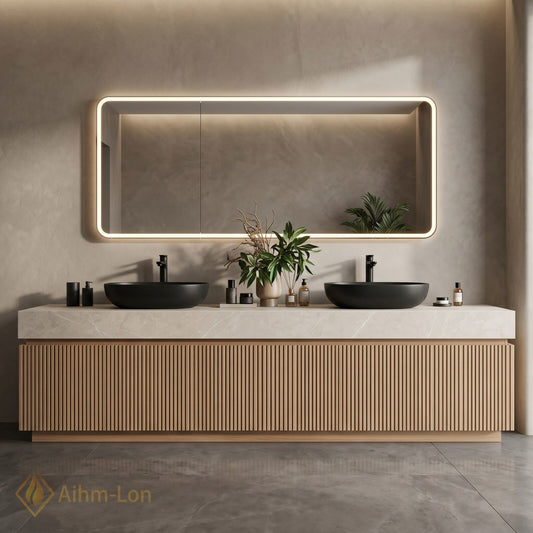 60''-96'' Double Bathroom Vanity with Sink Light Wood Finish Marble Top Contemporary