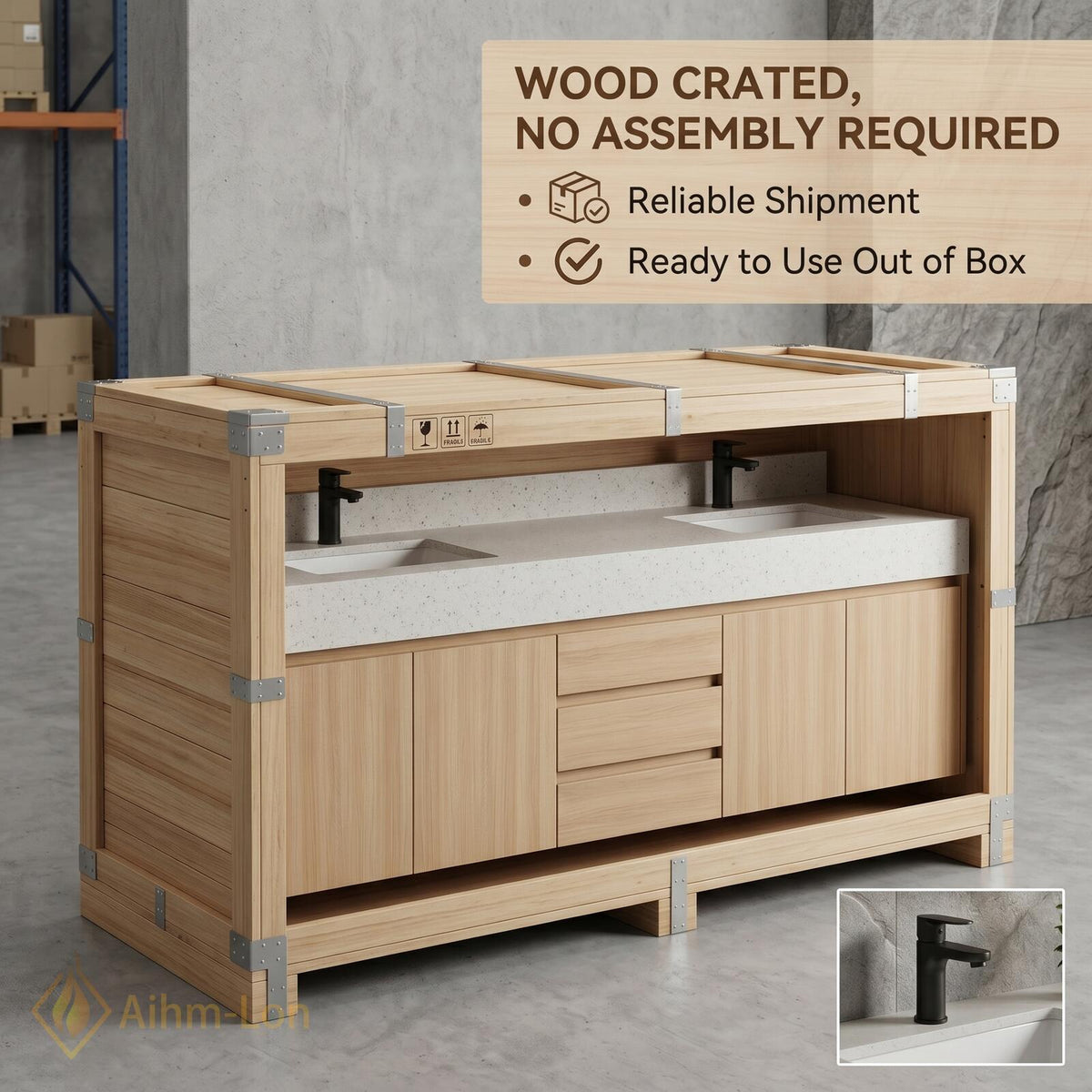 60''-96'' Bathroom Vanity with Sink Modern Floating Natural Oak Grain Countertop