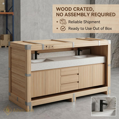 60''-96'' Bathroom Vanity with Sink Modern Floating Natural Oak Grain Countertop