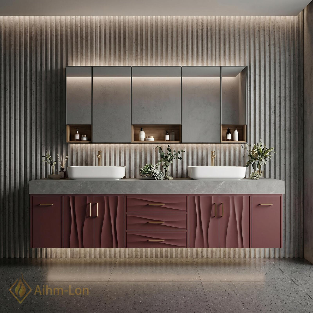 76''-96'' Double Bathroom Vanity with Sink Floating Double Wavy Curved Panels Deep