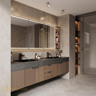 60''-96'' Double Bathroom Vanity with Sink Modern Floating Ribbed Wood Dark Stone