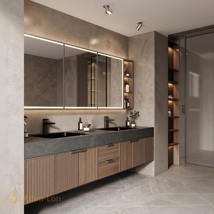 60''-96'' Double Bathroom Vanity with Sink Modern Floating Ribbed Wood Dark Stone
