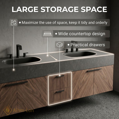 60''-96'' Double Bathroom Vanity with Sink Walnut Finish Textured Slatted Center Panel