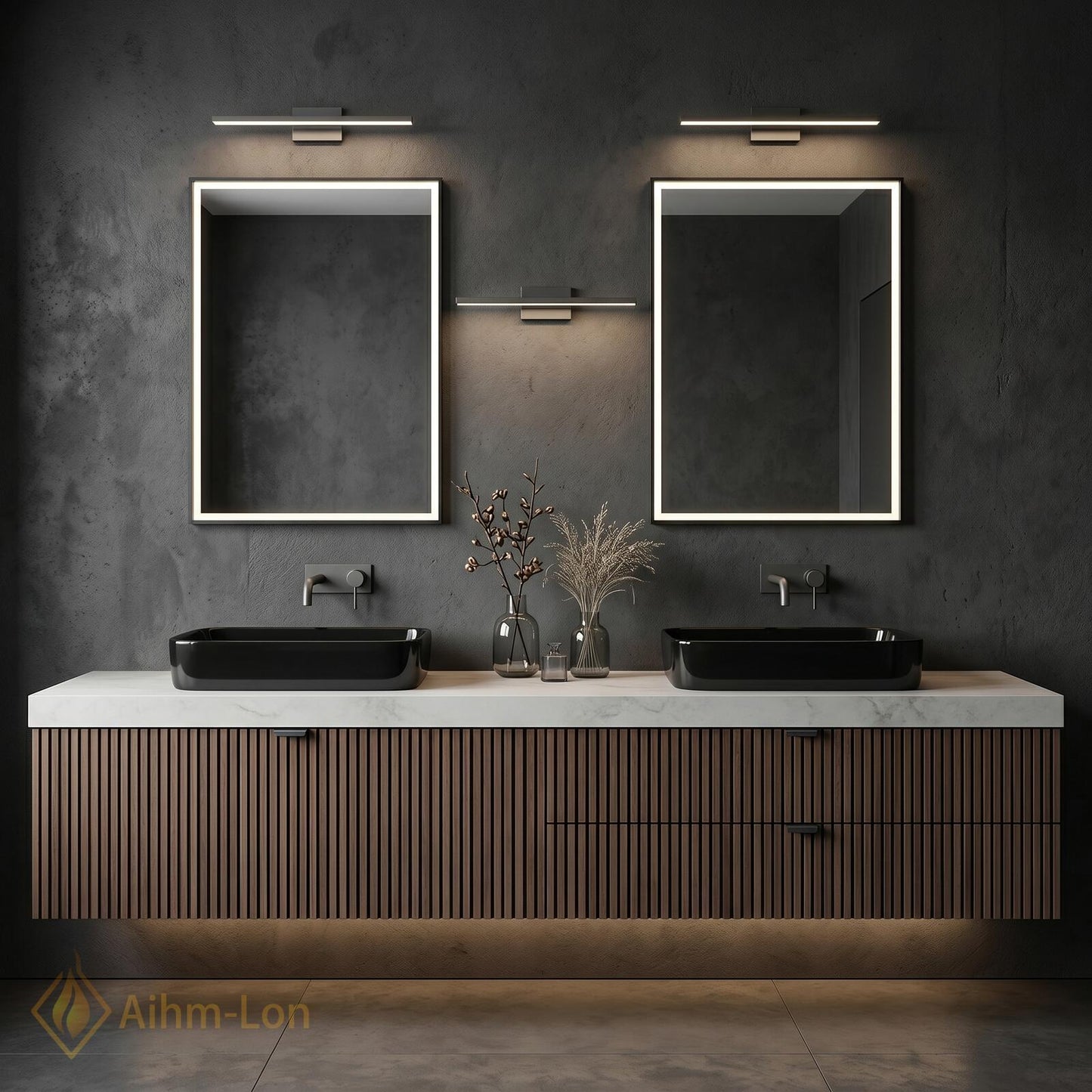60''-96'' Double Bathroom Vanity with Sink White Modern Floating Slatted Top Front