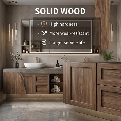 60''-96'' Floating Bathroom Vanity with Sink Double Sink Stone Top Dark Wood Open Shelving