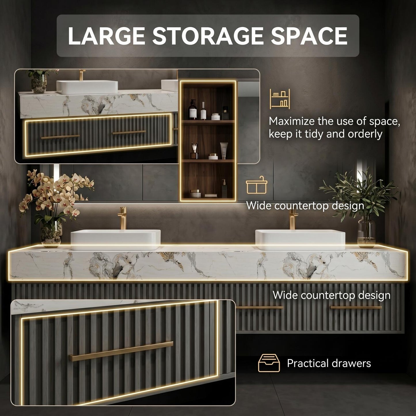 70''-96'' Modern Bathroom Vanity with Sink Double Sink Marble Top Dark Grey Slatted Cabinet