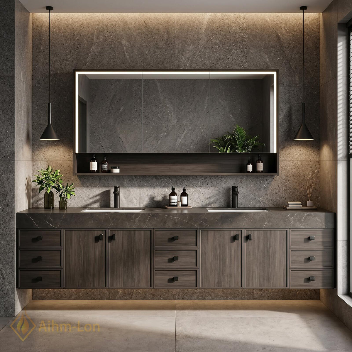 76''-96'' Bathroom Vanity with Sink Floating Double Dark Grey Wood Grain Spacious