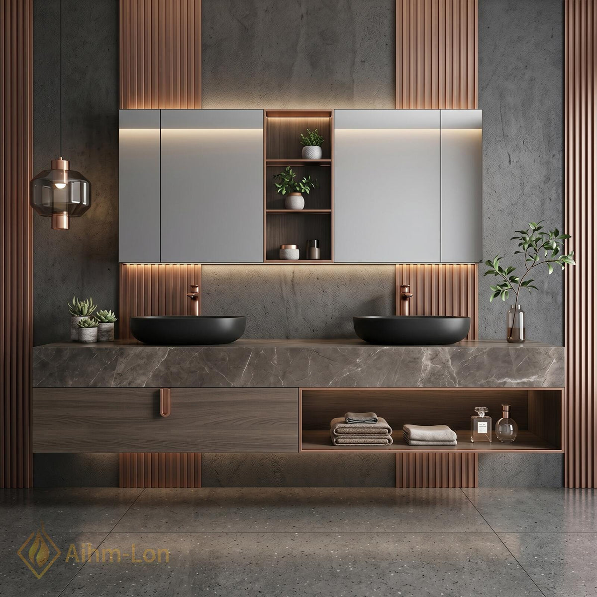 60''-96'' Double Bathroom Vanity with Sink Neutral Grey Stone Ribbed Wood Panels