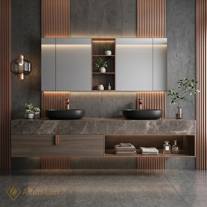 60''-96'' Double Bathroom Vanity with Sink Neutral Grey Stone Ribbed Wood Panels