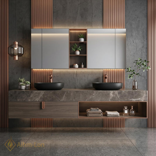 60''-96'' Double Bathroom Vanity with Sink Neutral Grey Stone Ribbed Wood Panels