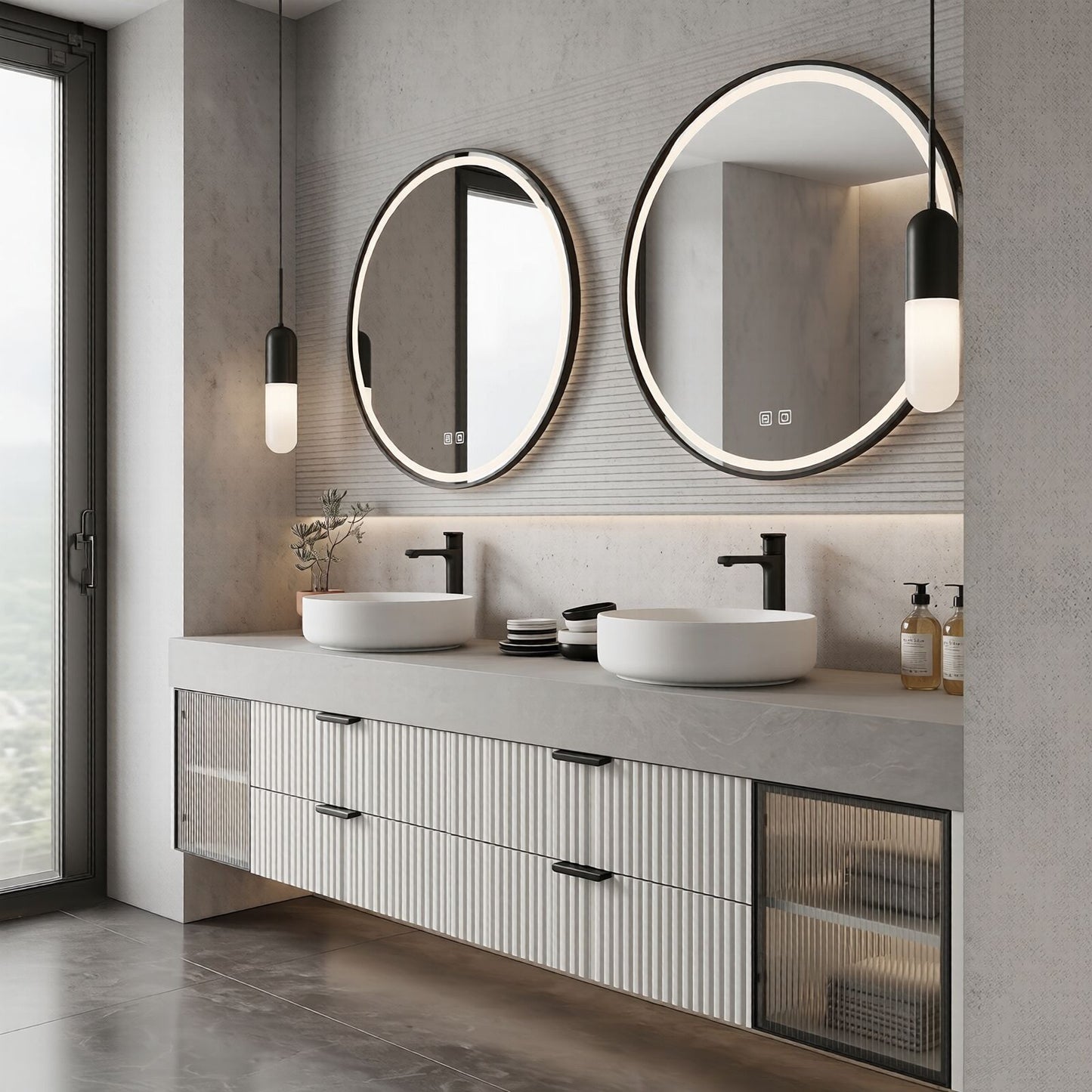 60''-96'' Modern Bathroom Vanity with Sink Double Sink Ribbed Panels Textured Stone Glass Cabinet