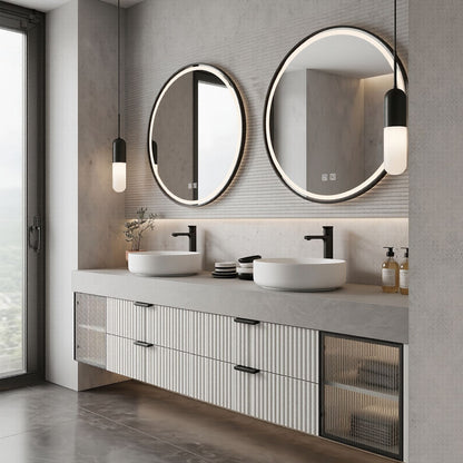 60''-96'' Modern Bathroom Vanity with Sink Double Sink Ribbed Panels Textured Stone Glass Cabinet