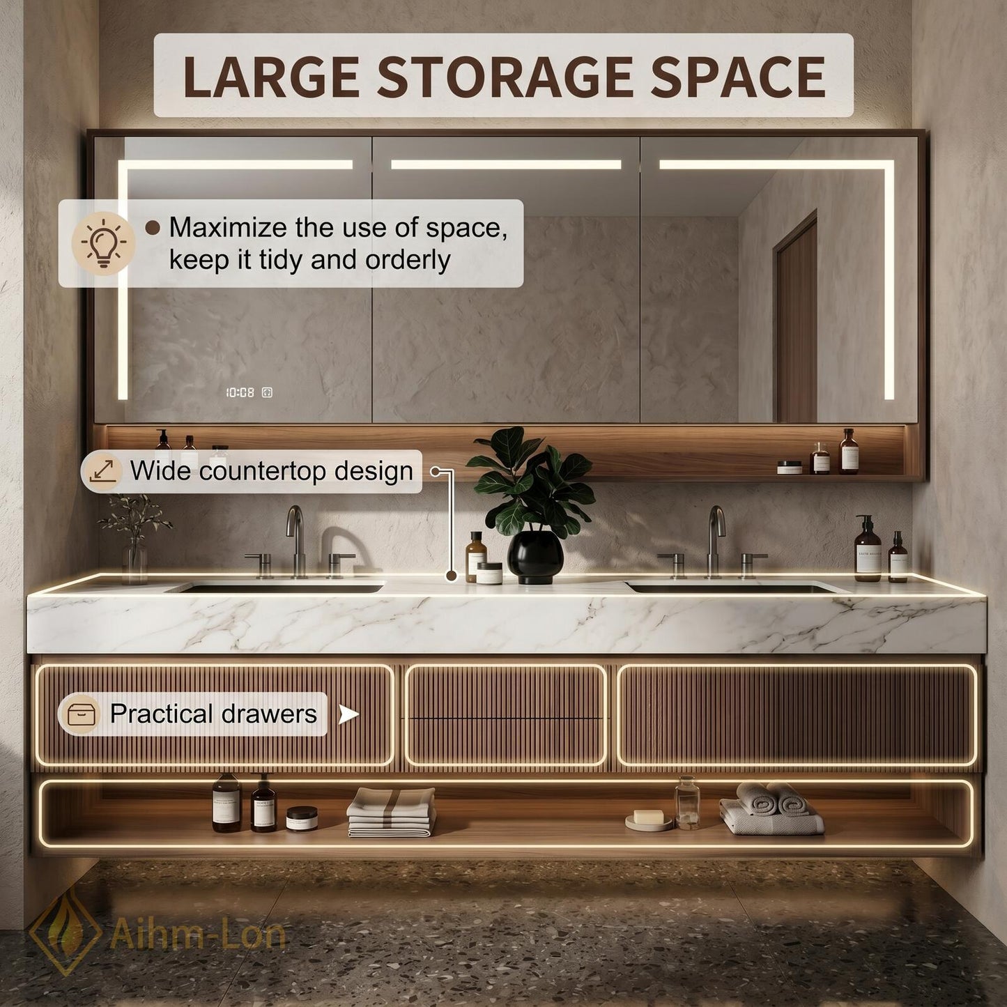 60''-96'' Modern Bathroom Vanity with Sink Double Dark Walnut Slatted Center Panel