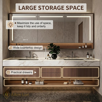 60''-96'' Modern Bathroom Vanity with Sink Double Dark Walnut Slatted Center Panel