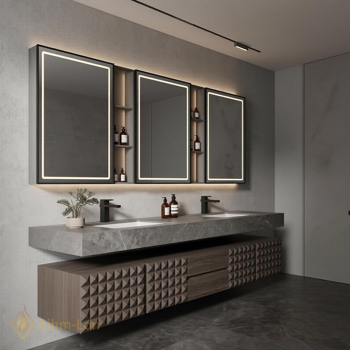 70''-96'' Double Bathroom Vanity with Sink Modern Floating Textured Geometric Doors Tall