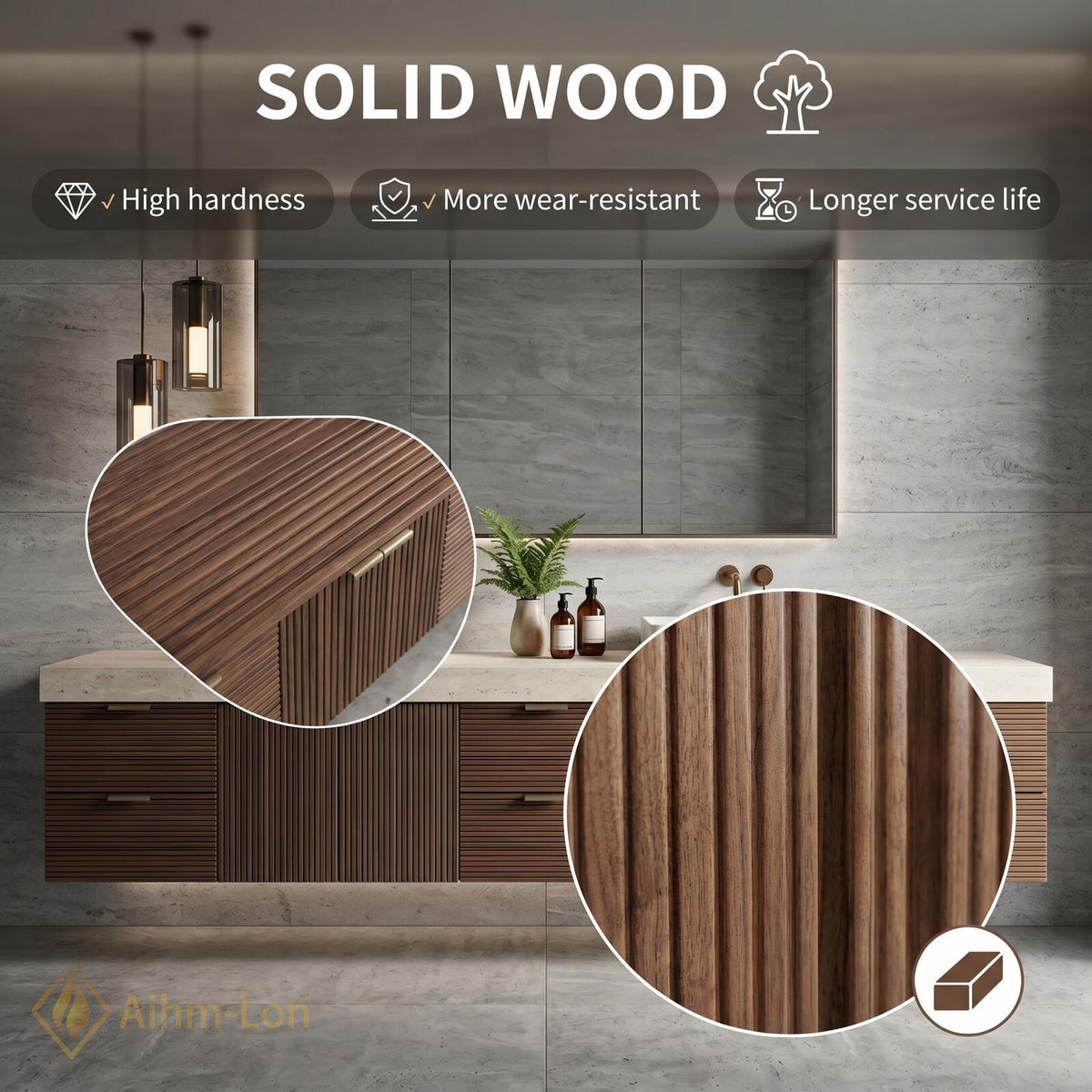 60''-96'' Modern Floating Bathroom Vanity with Sink Slatted Wood Large Mirror Cabinet