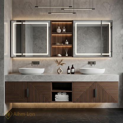 60''-96'' Double Bathroom Vanity with Sink Slatted Doors Rich Walnut Finish Geometric