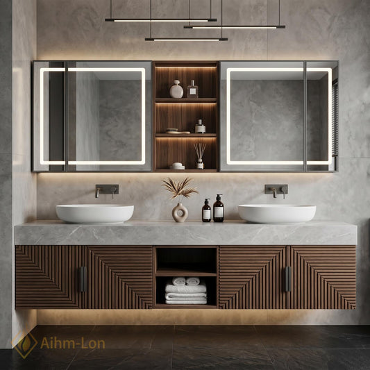 60''-96'' Double Bathroom Vanity with Sink Slatted Doors Rich Walnut Finish Geometric