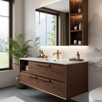 36''-64'' Floating Bathroom Vanity with Sink Dark Wood Grain Open Shelf Cabinet