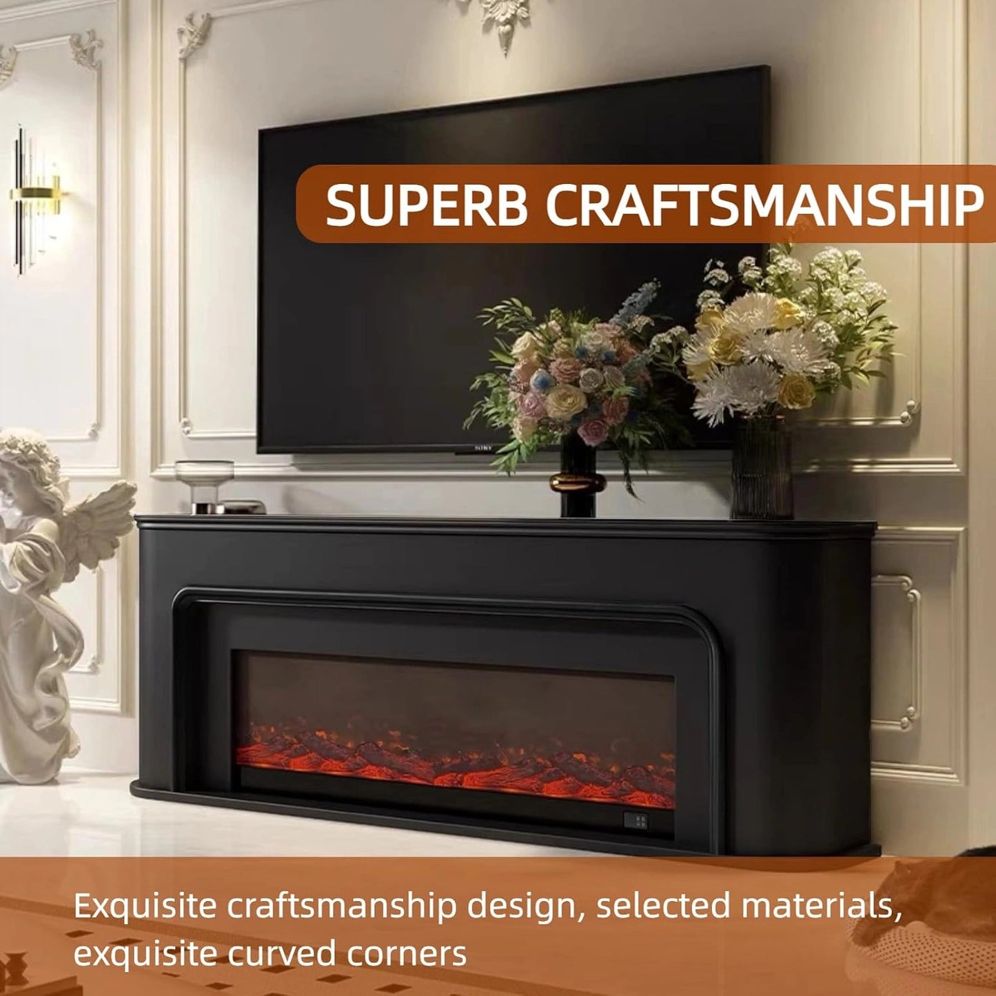 Aihm-Lon Modern Electric Fireplace Curved Corner and Simple Countertop 47”-79”