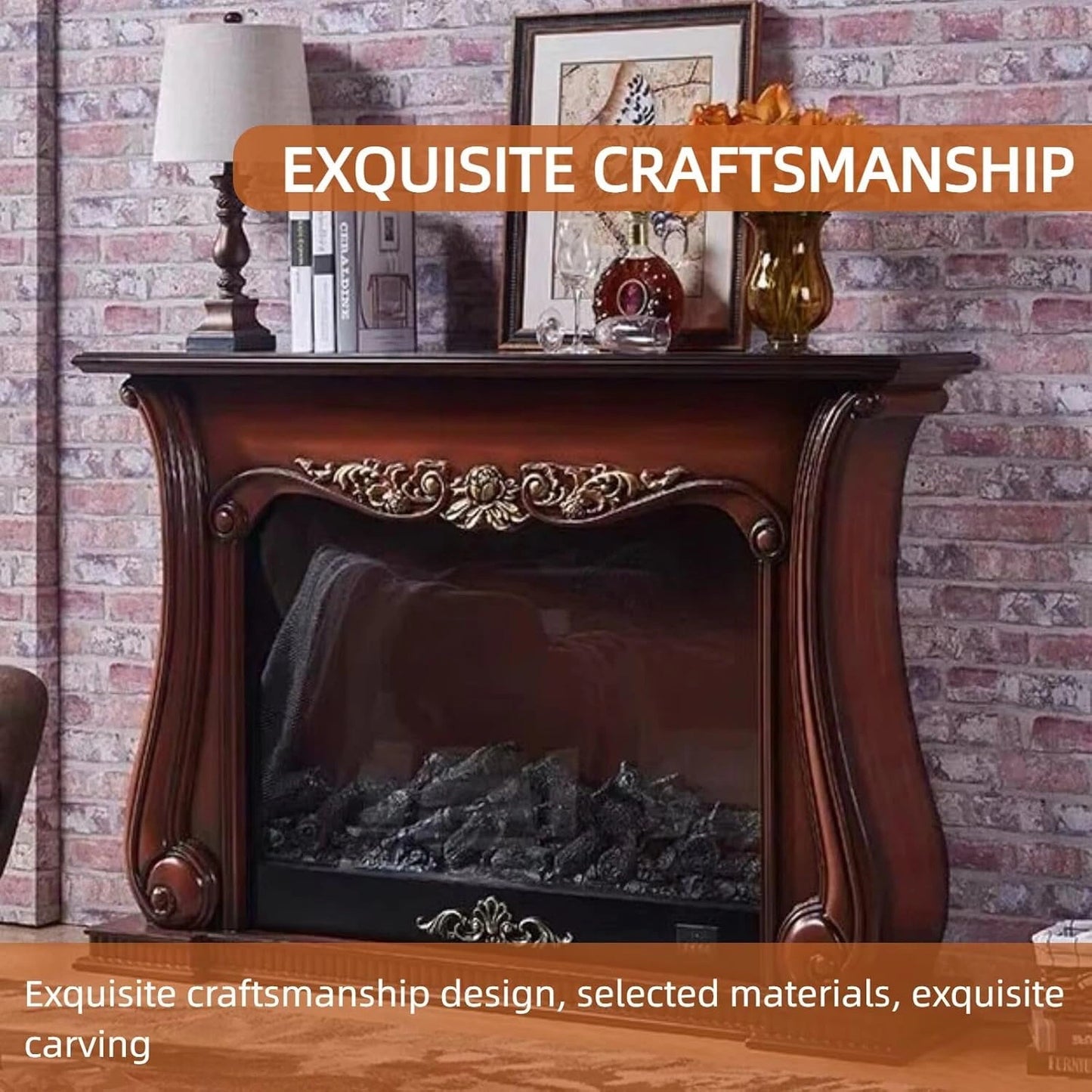 Aihm-Lon Brown Electric Fireplace with Wood Grain and Carved Decoration 59”