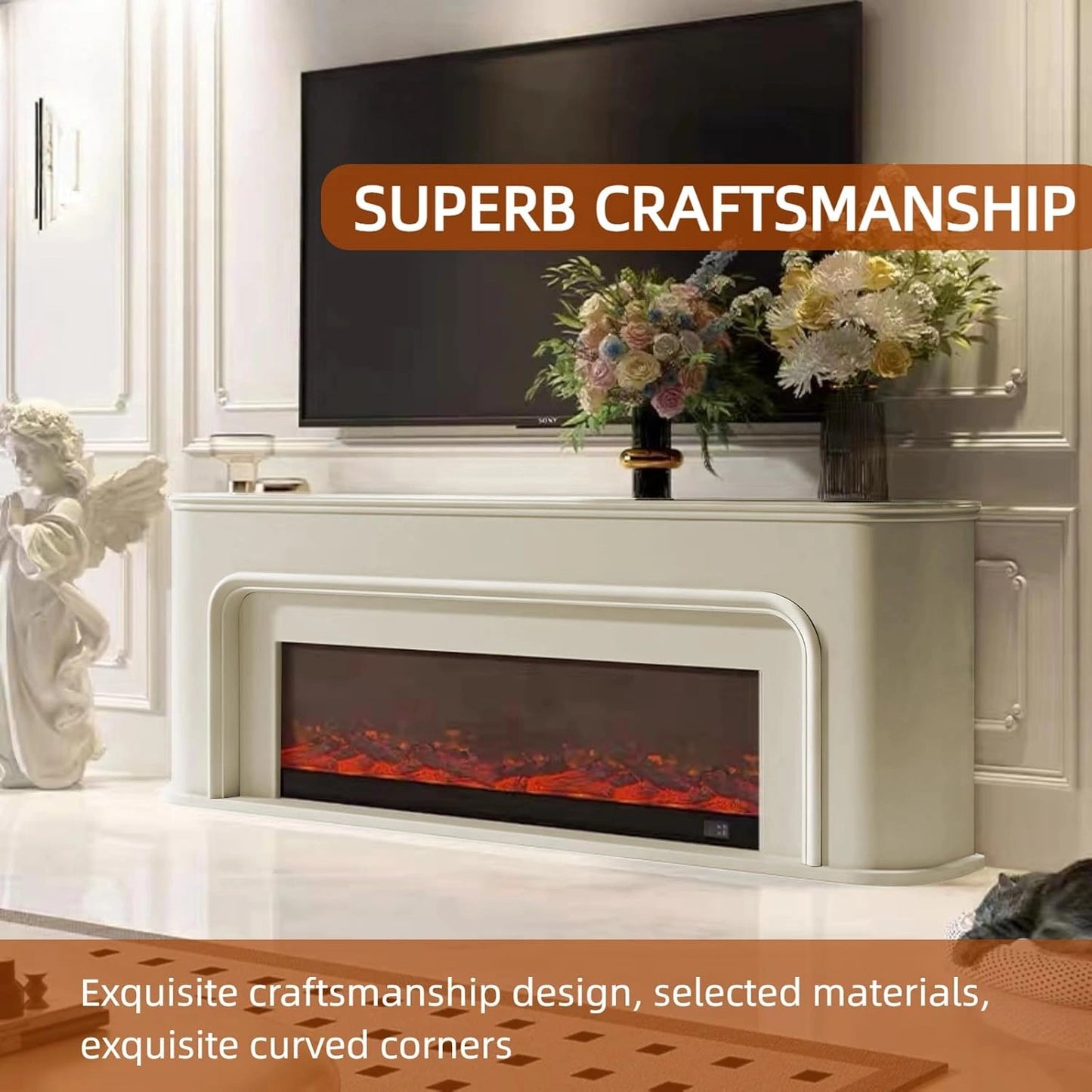 Aihm-Lon Modern Electric Fireplace Curved Corner and Simple Countertop 47”-79”