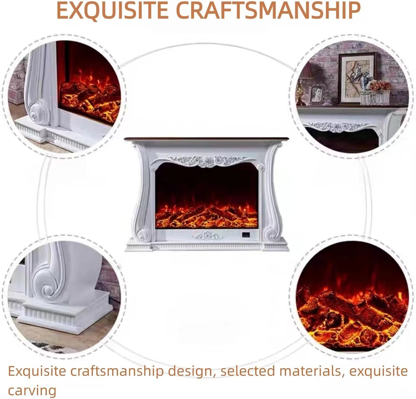 Aihm-Lon Brown Electric Fireplace with Wood Grain and Carved Decoration 59”