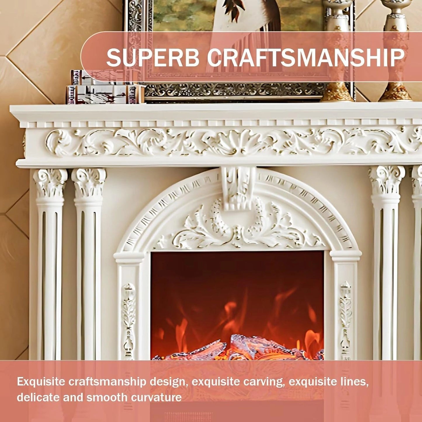 Aihm-Lon Elegant Electric Fireplace with Arched Carved Door Design 59”