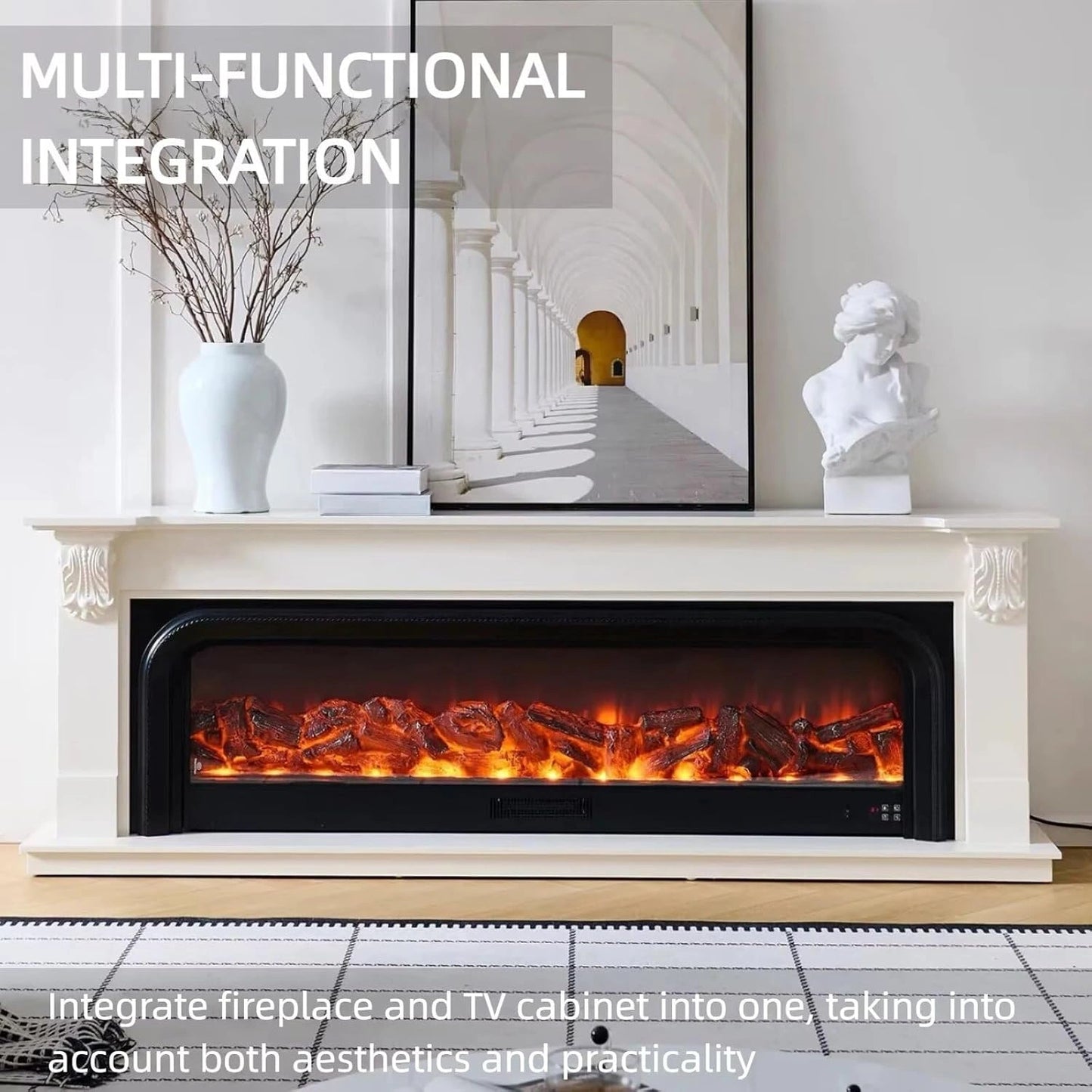 Aihm-Lon White Electric Fireplace Includes Arched Frames and Carvings 79”