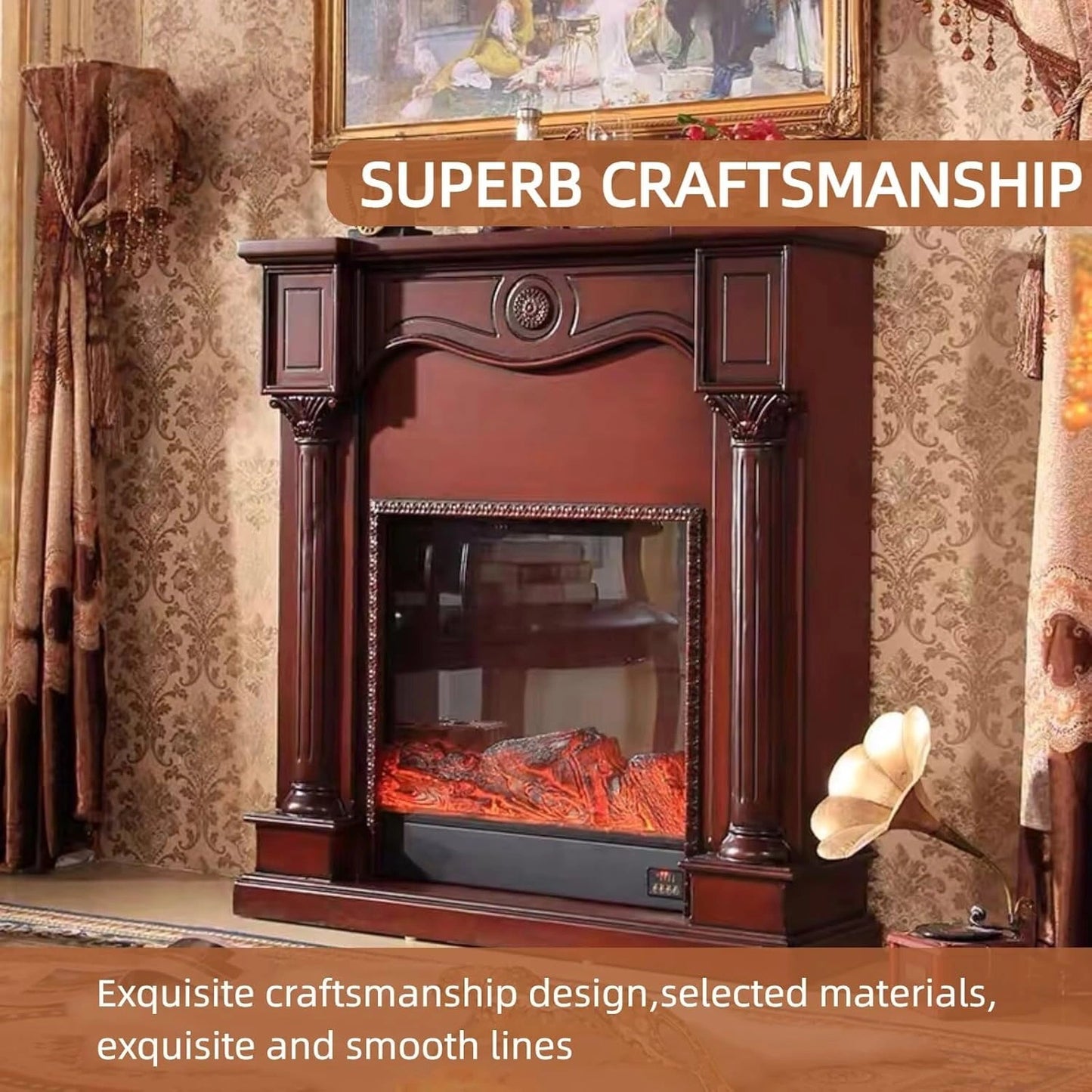 Aihm-Lon Brown Electric Fireplace with Faux Flame and 3D Engraving 43”