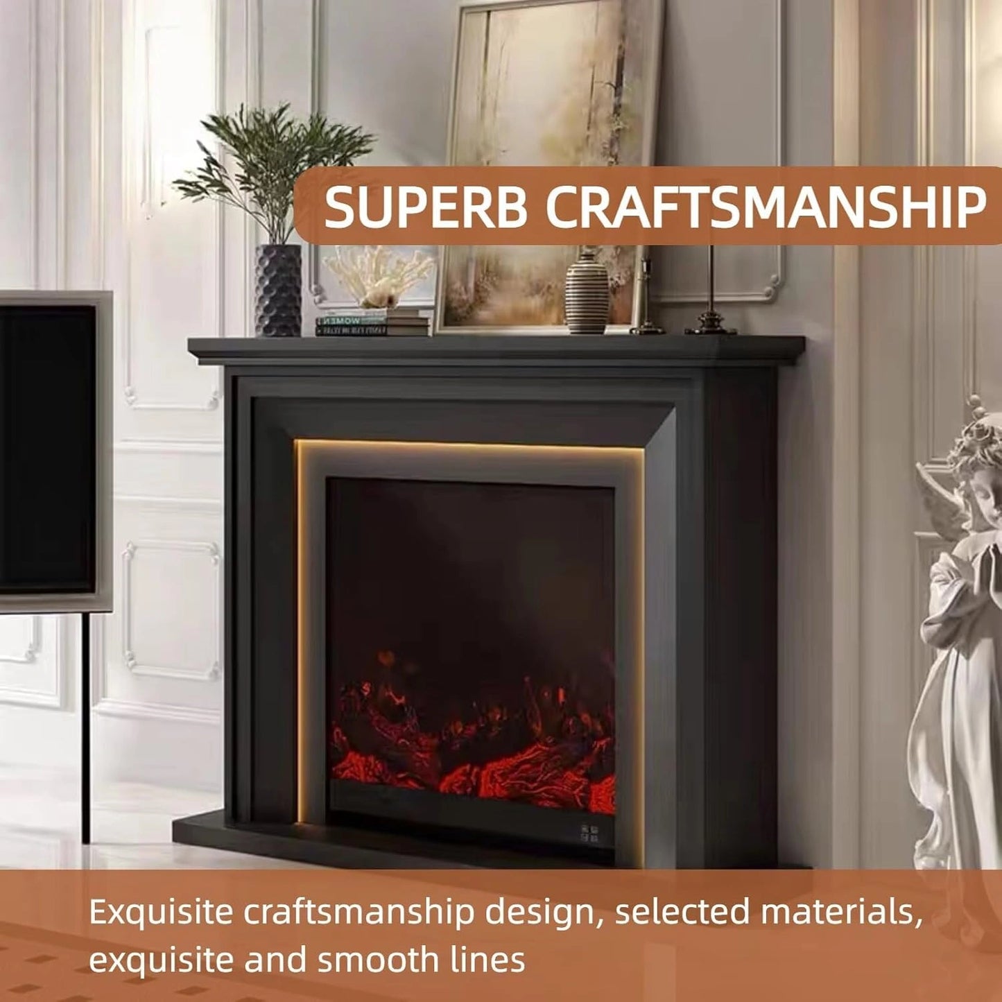 Aihm-Lon Black Electric Fireplace with Spacious Smooth Mantel 47”-59”