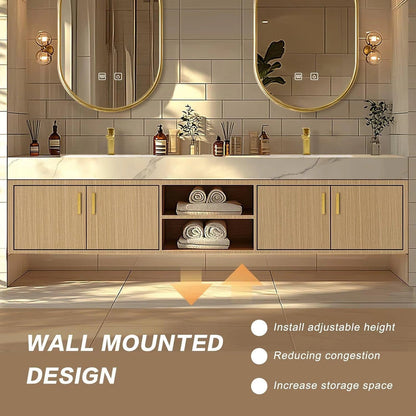 60"-96"Floating Bathroom Vanity with Double Sinks Includes Rock Slabs Countertop