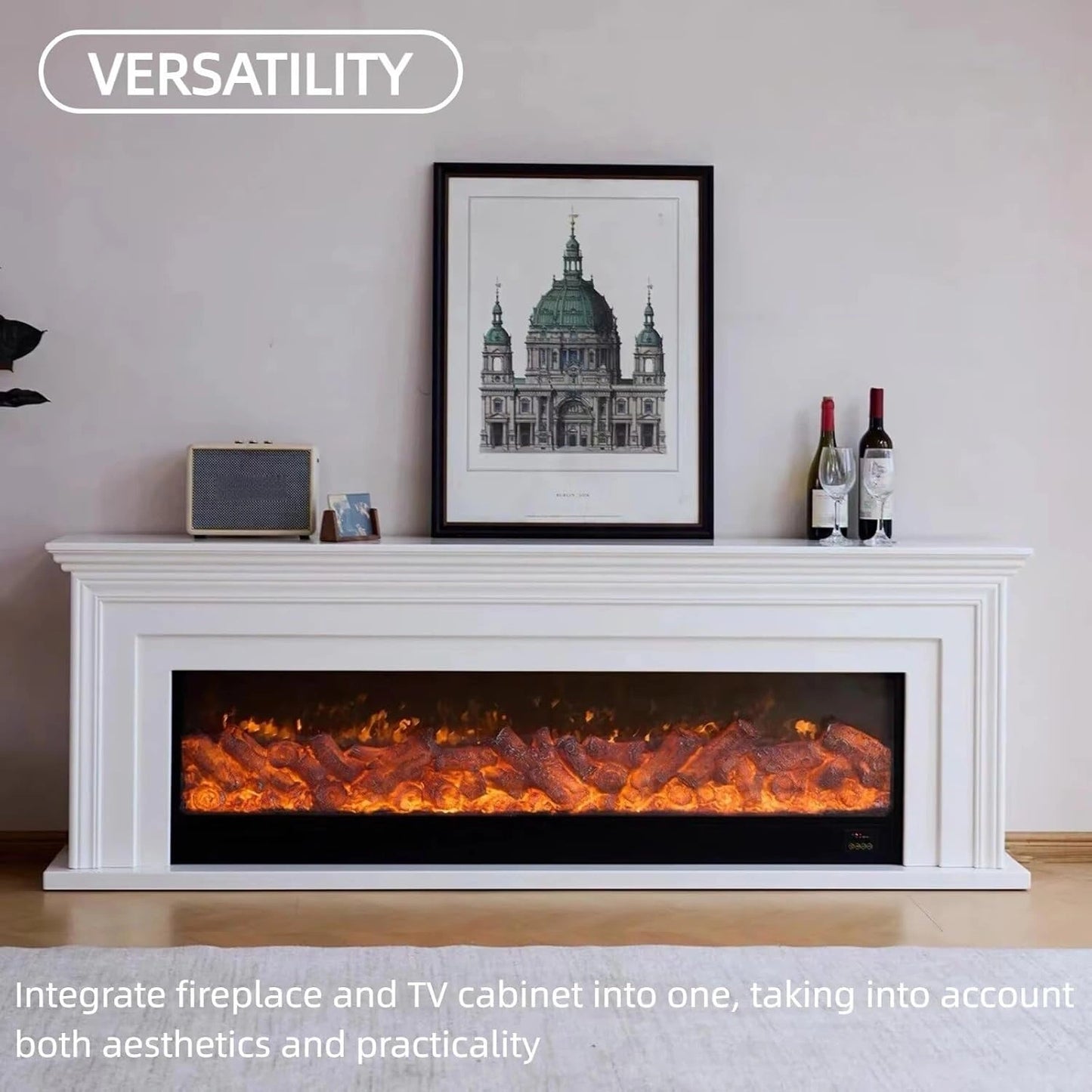 Aihm-Lon Freestanding Electric Fireplace Includes White Modern Layered Lines 79”