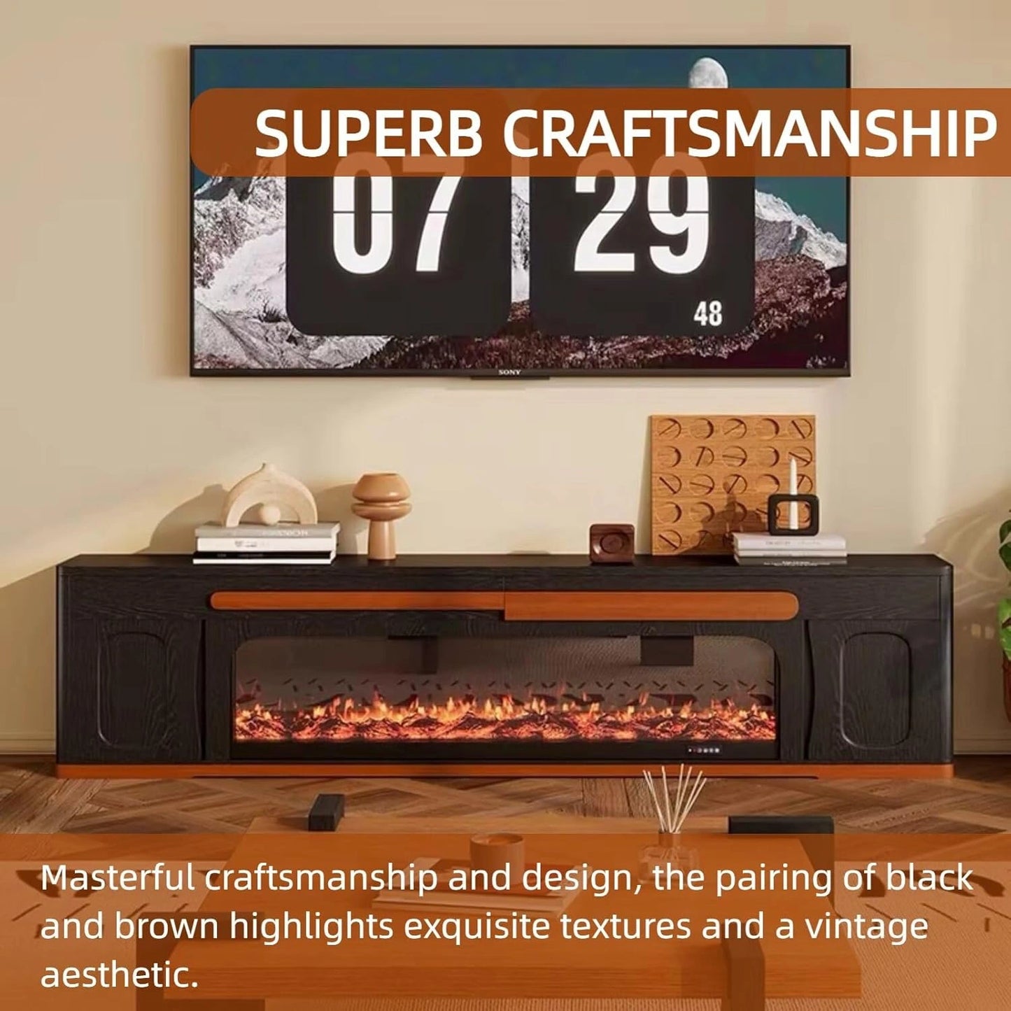 Aihm-Lon Retro Electric Fireplace in Black and Brown Color with Drawers 71”-87”