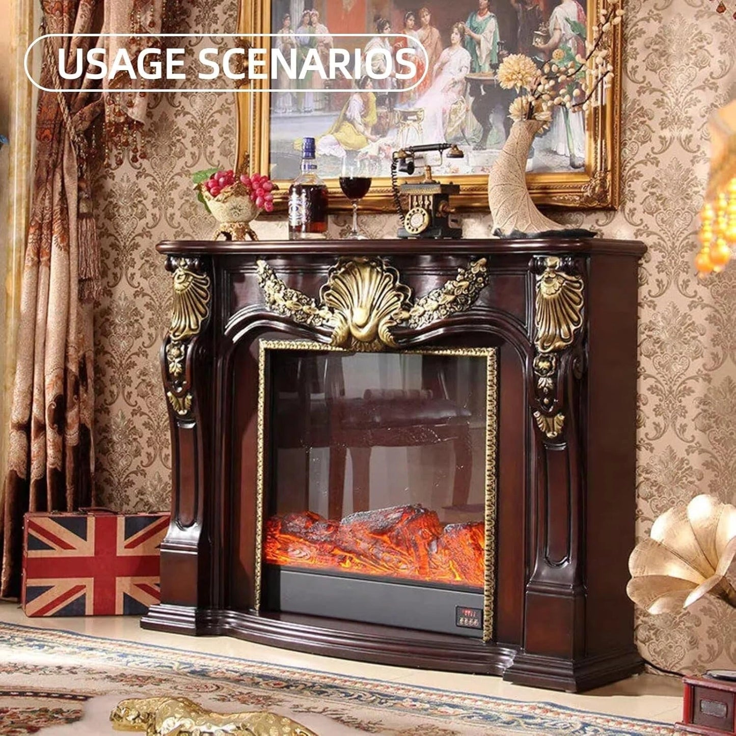 Aihm-Lon Brown Electric Fireplace Includes Gold Outline & Vintage Luxury Carving 47”