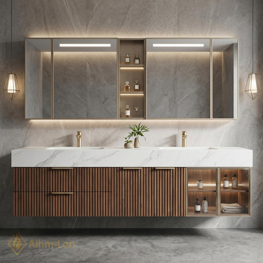 60''-96'' Double Bathroom Vanity with Sink Floating Slatted Wood Front Marble-Style Top