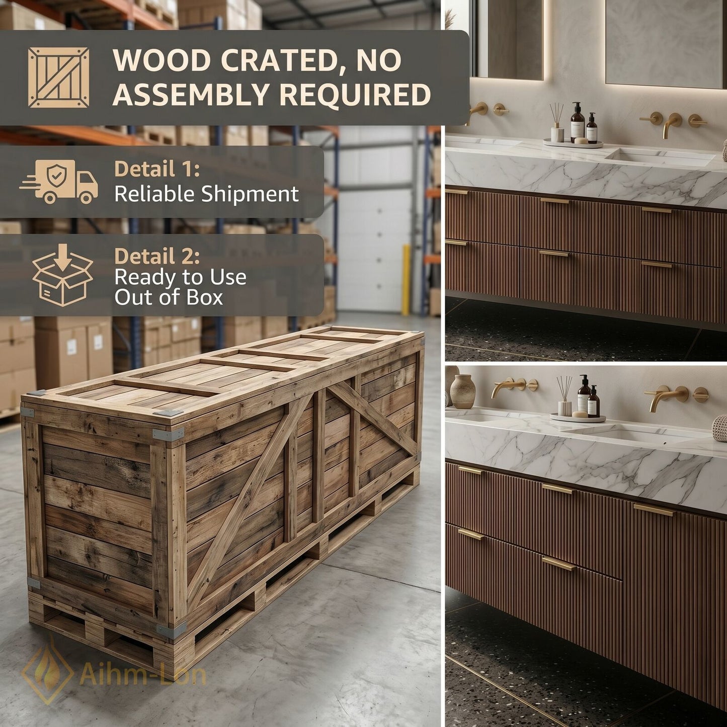 72''-96'' Double Bathroom Vanity with Sink Vertical Ribbed Panels Warm Wood Finish