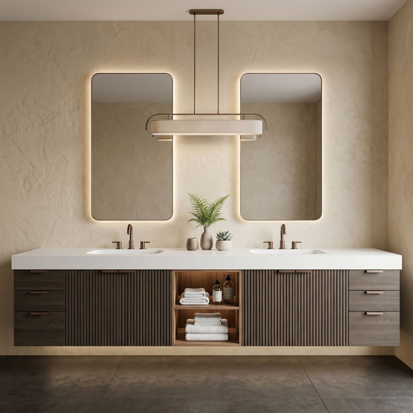 70''-96'' Modern Bathroom Vanity with Sink Vertical Ribbed Doors Solid Wood Cabinet